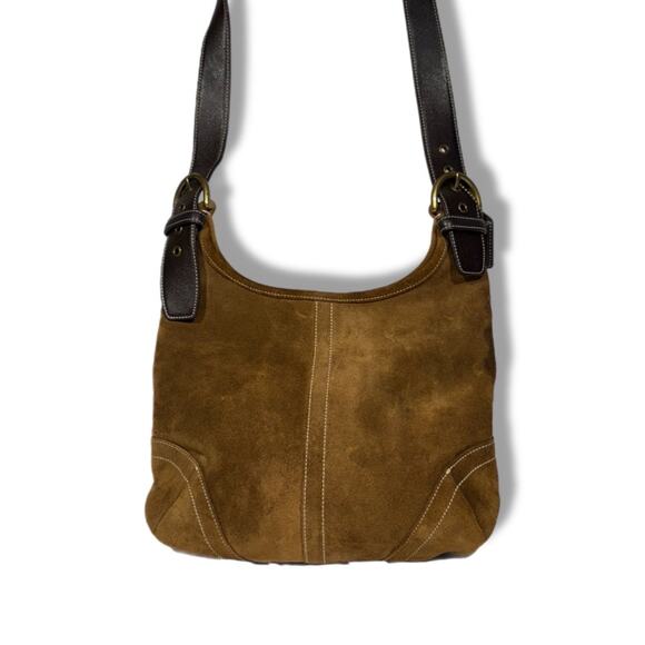 Vintage Coach Suede Brown Long Shoulder Bag Magnetic Button Closure E3S-9506 - Picture 1 of 5